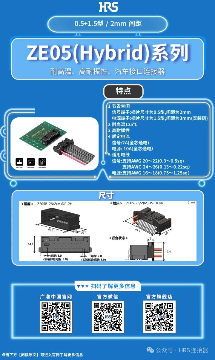 【產(chǎn)品推薦】耐高溫、高耐振性、汽車接口、電源信號(hào)混合型連接器ZE05系列